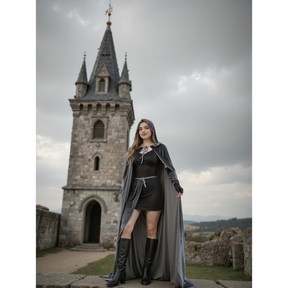 Gray Witch Velvet Hooded Cloak Halloween Cape Queen King Renaissance Medieval - Picture 6 of 7